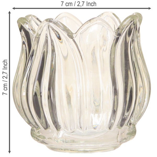 Teelichthalter aus klarem Glas in Tulpenform, Höhe 7 Zentimeter, Breite 7 Zentimeter.