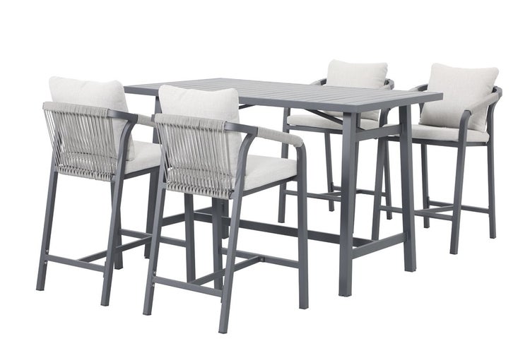 Garten-Barset bestehend aus einem hohen rechteckigen Tisch und vier Barstühlen mit Seilbespannung und Kissen.