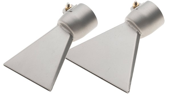 Zwei Breitstrahldüsen aus Metall für Heißluftgebläse mit Befestigungsschraube.