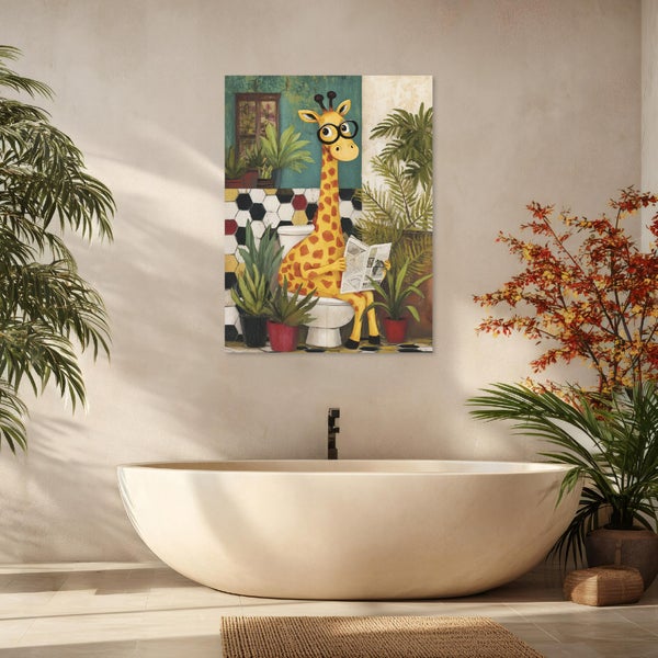 Wandbild einer Giraffe mit Brille beim Zeitunglesen auf einer Toilette, hängend über einer modernen freistehenden Badewanne in einem Badezimmer.