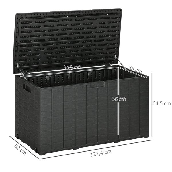 Gartenbox aus Kunststoff mit Rollen und Gasdruckfedern, Maße 122,4 mal 62 mal 64,5 Zentimeter, Innenmaße 115 mal 55 mal 58 Zentimeter.