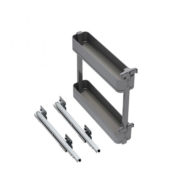 Zweistöckiger Küchenschrank-Auszug mit Metallrahmen und Einlegeböden in Holzoptik, inklusive zwei Teleskopauszügen aus Metall.