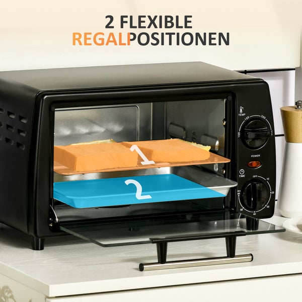 HOMCOM Mini Backofen, 10 Liter, 750W, mit Temperatur bis zu 230 ℃, Timer 60 Minuten, 36,5x26x22 cm, Metall, Schwarz
