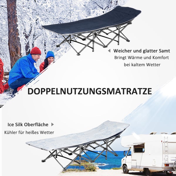 Outsunny Campingbett klappbar Feldbett Klappbett mit Kopfkissen Seitentasche Matratze Gästebett bis 150 kg belastbar Reisen Outdoor Oxford Dunkelblau 188 x 64,5 x 53 cm