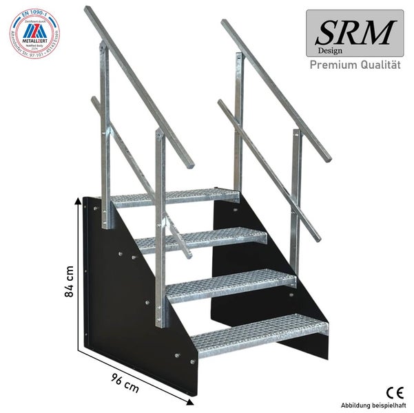 Stahltreppe mit 4 Gitterroststufen, beidseitigem Geländer und schwarzen Seitenwangen, Höhe 84 Zentimeter, Tiefe 96 Zentimeter.