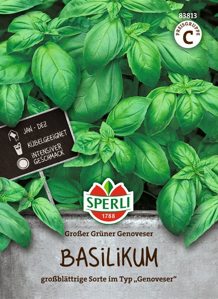 Sperli Saatgut Basilikum Großer Grüner Genoveser, großblättrige Sorte für Kübelpflanzung mit intensivem Geschmack, ganzjährig anzubauen.