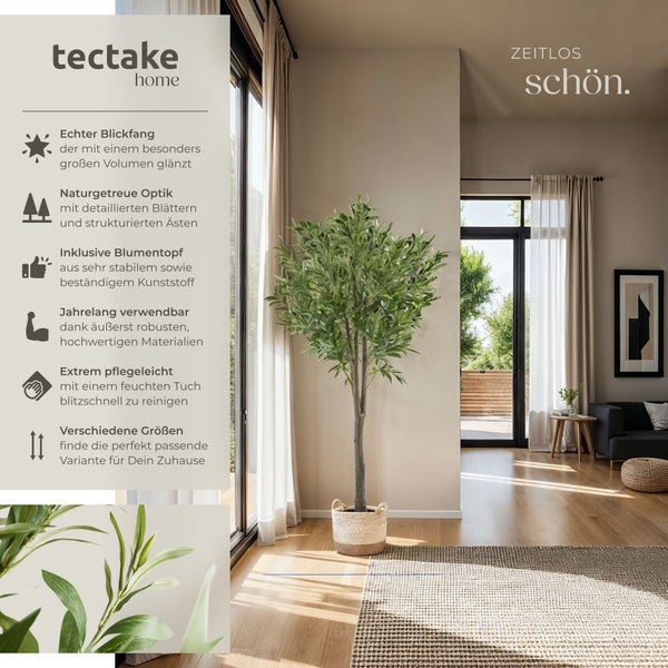 Kunstpflanze Olivenbaum in einem Wohnzimmer mit Produktmerkmalen von Tectake Home im Hintergrund.