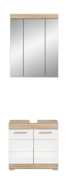 Badezimmermöbel-Set mit dreitürigem Spiegelschrank und Waschbeckenunterschrank in Weiß und Holzoptik.