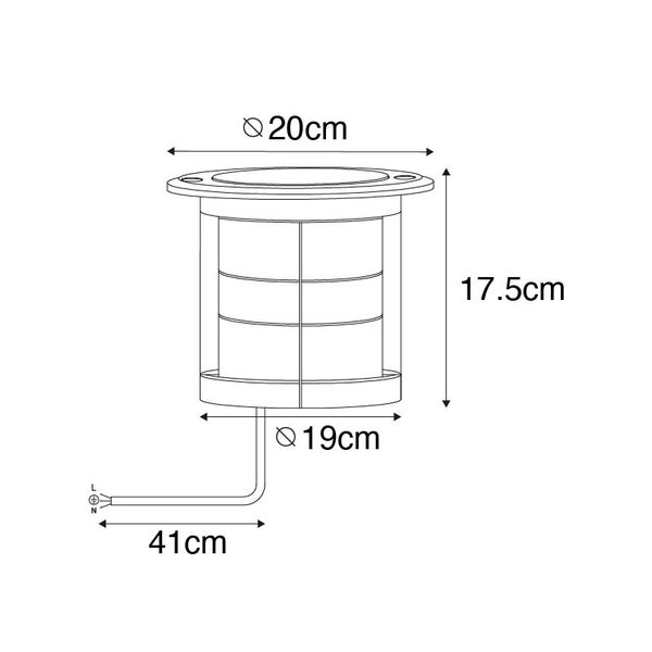 Abmessungen des Bodeneinbaustrahlers: Höhe 17,5 Zentimeter, Durchmesser oben 20 Zentimeter, unten 19 Zentimeter, Kabel 41 Zentimeter.