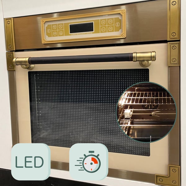 Einbau-Backofen im Retro-Design mit digitalem Bedienfeld und Drehspießfunktion.