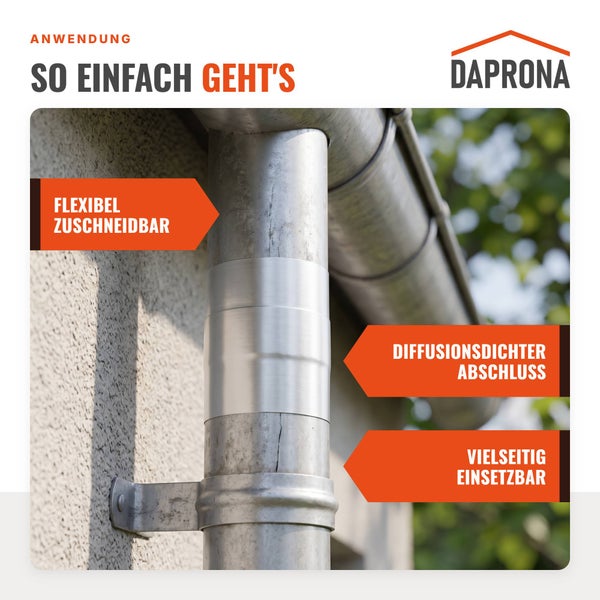 Daprona Logo mit Anwendungsbeispiel eines Reparaturklebebandes für ein Fallrohr mit Hinweisen zu Flexibilität und Diffusionsoffenheit.