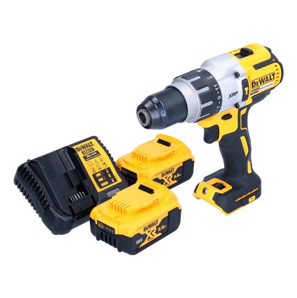 DeWALT Akku-Schlagbohrschrauber 18 Volt XR mit bürstenlosem Motor, zwei Akkus mit 5,0 Amperestunden und einem Ladegerät.