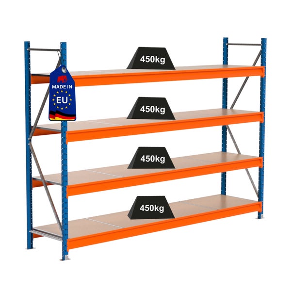 Schwerlastregal mit vier Ebenen und einer Traglast von 450 Kilogramm pro Ebene.