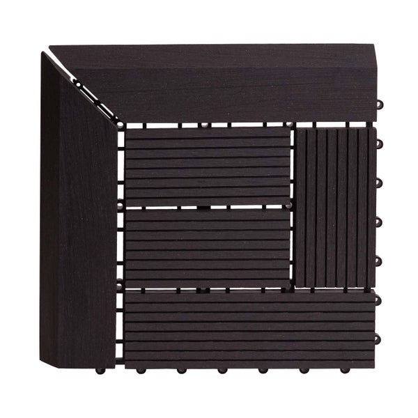 WPC-Terrassenfliese mit Eck- und Kantenabschluss in Anthrazit mit Klicksystem.