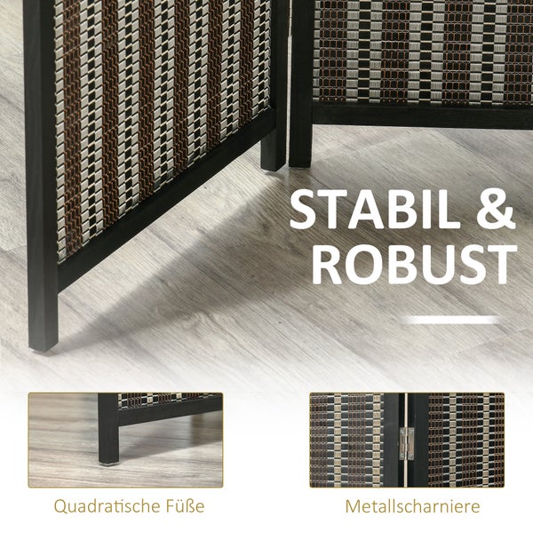Detailansicht eines Raumteilers mit quadratischen Füßen und Metallscharnieren für Stabilität