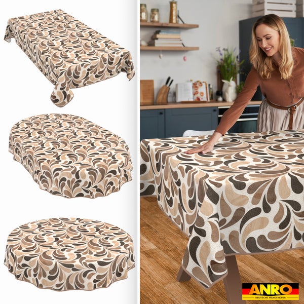 Abwischbare Tischdecke von ANRO in rechteckiger, ovaler und runder Form mit Tropfenmuster. Lifestyle-Szene in einer Küche. ANRO Logo.
