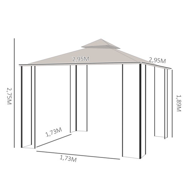 Outsunny Pavillon, Gartenpavillon, 3x3m, Metall, Polyester, Moskitonetz, Beige+Schwarz