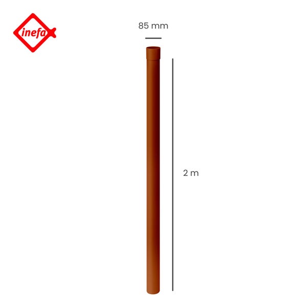 Inefa Fallrohr aus braunem Kunststoff, Durchmesser 85 Millimeter, Länge 2 Meter, Inefa Logo.