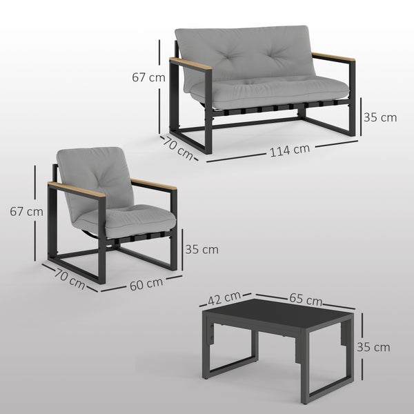 Gartenmöbel-Set mit Maßangaben in Zentimeter: Sofa, Sessel und Tisch mit Metallgestell, Holzelementen und Polstern.