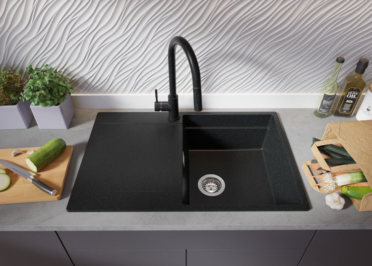 PRIMAGRAN Spülbecken Anthrazit 78x50cm, Granitspüle 1 Becken + Ablauf-Set + Aufrollbare Abtropffläche, Küchenspüle ab 50er Unterschrank - San Francisco