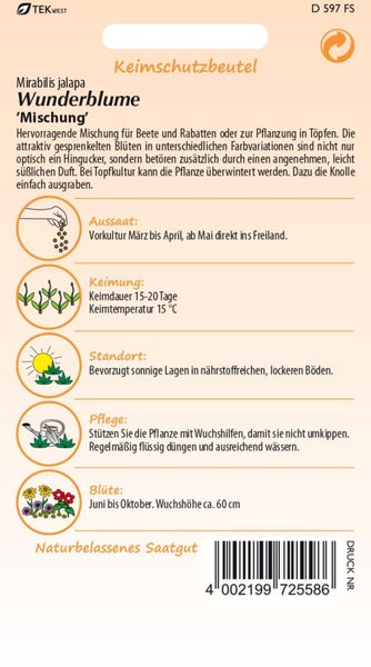 Samenpackung Wunderblume 'Mischung' mit Informationen zu Aussaat, Keimung, Standort, Pflege und Blütezeit