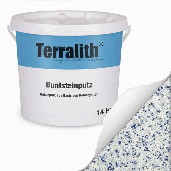 Terralith Buntsteinputz 14 Kilogramm, Dekorputz auf Basis von Reinacrylaten mit blau-weißer Steinstruktur.