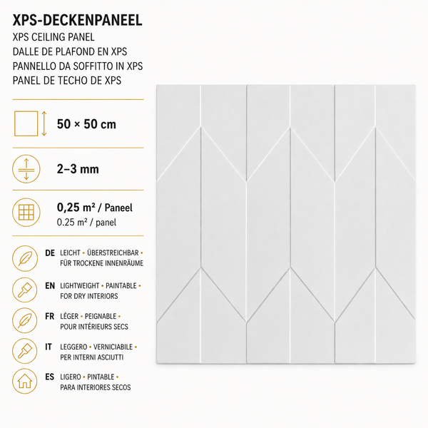 Quadratisches XPS Deckenpaneel mit geometrischem Muster, 50 mal 50 Zentimeter, leicht und überstreichbar für trockene Innenräume.