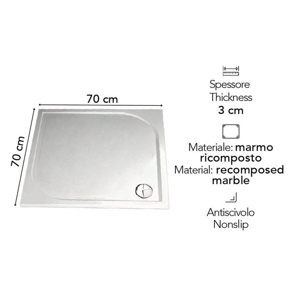 Viertelkreis-Duschwanne aus Mineralguss, 70 mal 70 Zentimeter, 3 Zentimeter hoch, rutschfest.