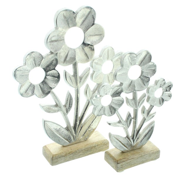 FRANK FLECHTWAREN | Blume Silber , 2er Set, ALUMINIUM, HOLZ, 12,5 x 3,5  x 16,5 cm, 17 x 3,5 x 22 cm