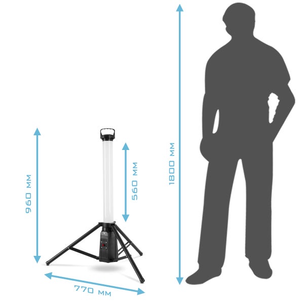 Maße der LED-Akku-Baustellenleuchte mit Stativ und Größenvergleich