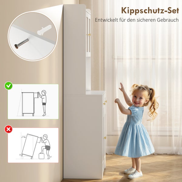 Kippschutz-Set für Möbel mit Wandmontage-Set aus Schraube und Dübel sowie Illustrationen zur Erhöhung der Kindersicherheit bei Schränken.