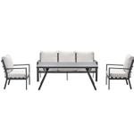 Gartenmöbel-Set bestehend aus einem 3-Sitzer-Sofa, zwei Sesseln und einem Tisch, Metallgestell mit Polstern.