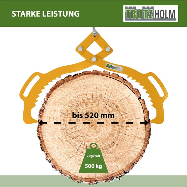 Stabile Trutzholm Stammzange mit 520 Millimeter Greifweite und 500 Kilogramm Zugkraft zum sicheren Heben und Ziehen von Holzstämmen.