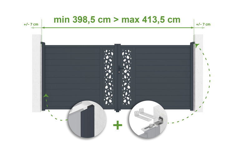 Doppelflügeltor mit Maßangaben, minimal 398,5 cm, maximal 413,5 cm