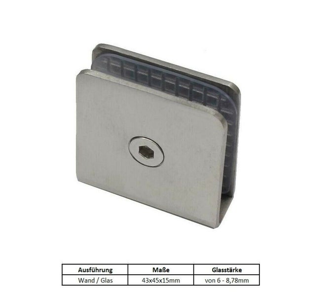 Glashalter für Wandmontage aus Metall mit 43 mal 45 mal 15 Millimeter für Glasstärken von 6 bis 8,78 Millimeter
