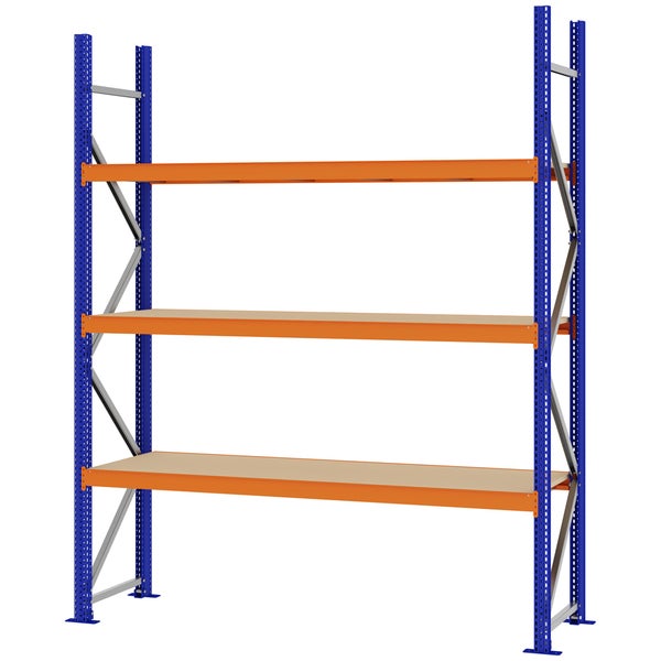 Schwerlastregal mit drei Holzböden, blauen Metallständern und orangen Traversen.