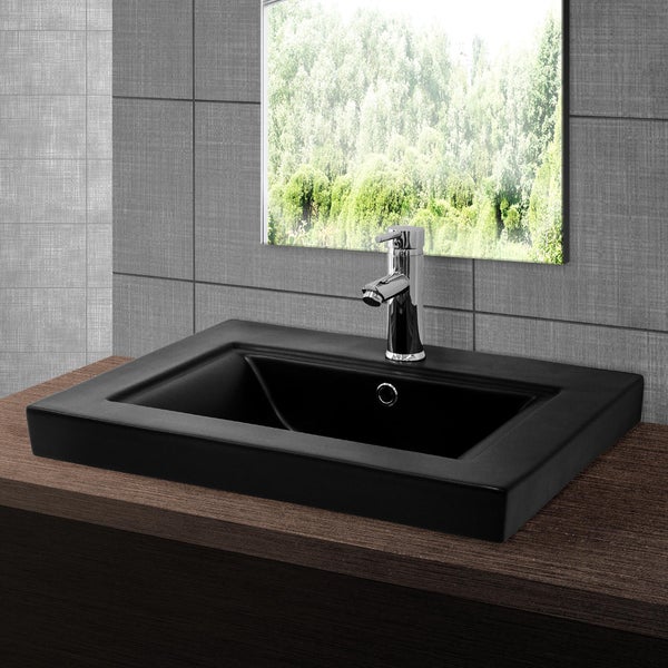 ML-Design Waschbecken aus Keramik Schwarz matt 61x46,5x15,5 cm Eckig mit Ablaufgarnitur, Einbauwaschbecken mit Hahnloch und Überlauf, Aufsatzwaschbecken Einbauwaschtisch Waschschale Handwaschbecken
