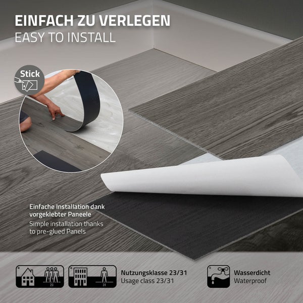 ML-Design Deluxe PVC Bodenbelag, Selbstklebende Vinyl-Dielen, Vinylboden, 91,5 cm x 15,3 cm x 2 mm, Dicke 2 mm, 2,23m²/16 Dielen, Eiche, Grau, Holzoptik, rutschfest, wasserfest, Einfache Verlegung