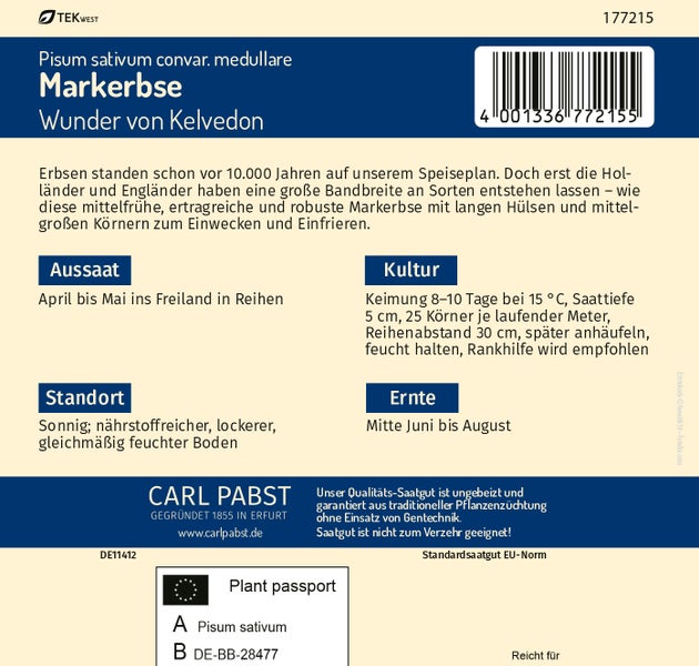 Rückseite der Carl Pabst Saatgutpackung für Markerbse Wunder von Kelvedon mit Anbauhinweisen, Pflanzenpass und Barcode.