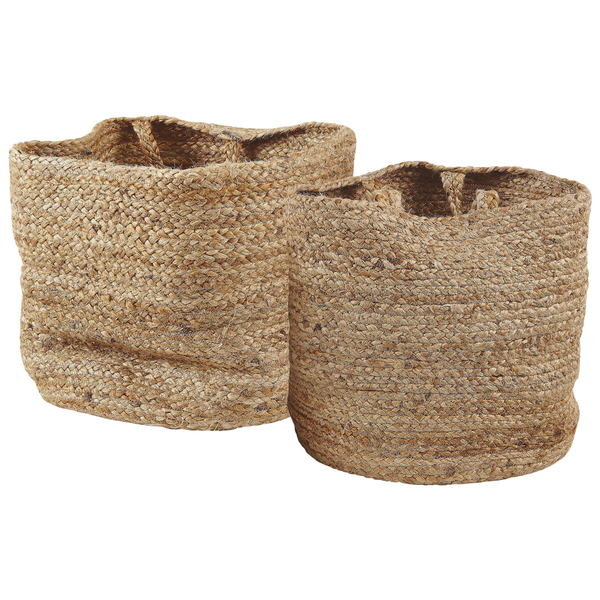 Set aus zwei geflochtenen Körben aus Jute mit Tragegriffen.
