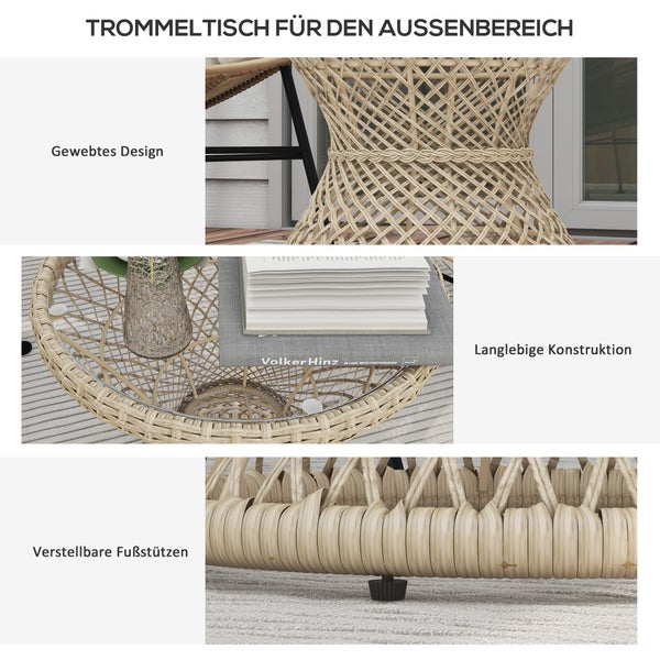 Outsunny Beistelltisch Rattan Gartentisch, 45 x 45 cm Couchtisch mit UV-Schutz, Balkontisch mit Tischplatte aus Sicherheitsglas, Kaffeetisch im Boho-Design, Braun