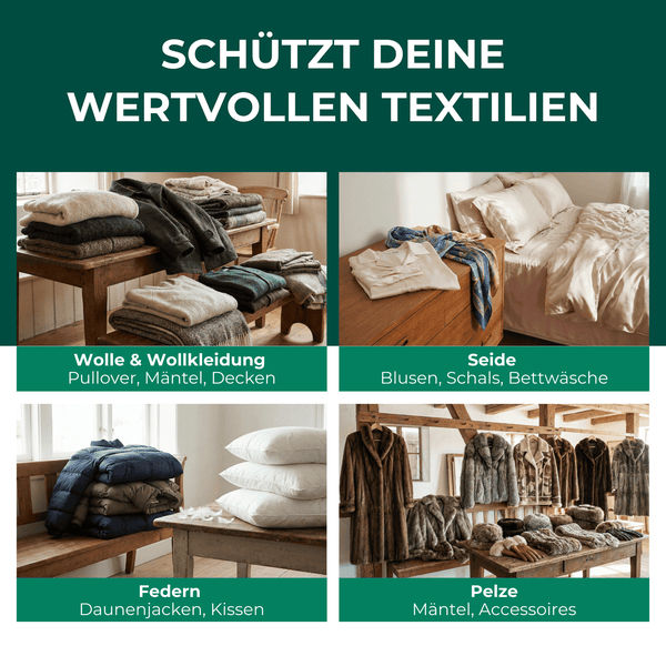 Verschiedene Textilien wie Wolle, Seide, Federn und Pelze auf Tischen und Bänken