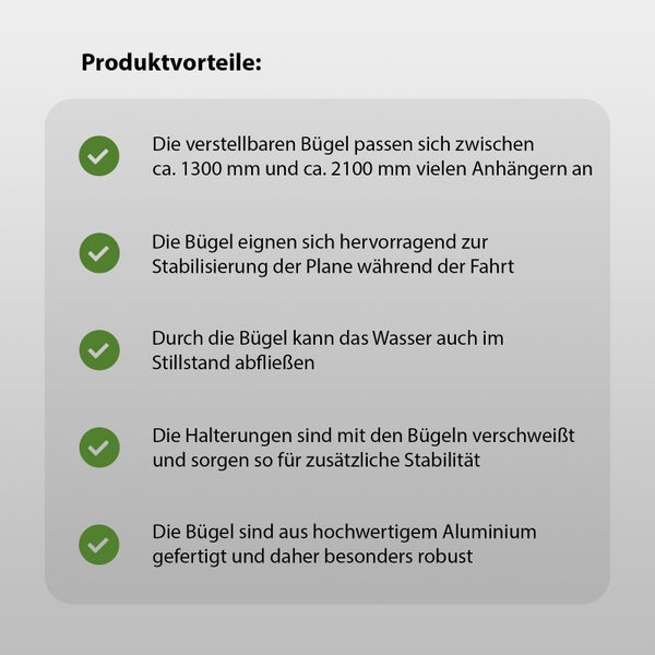 Infografik mit Produktvorteilen von verstellbaren Anhängerbügeln aus Aluminium für Planenstabilisierung und Wasserablauf.