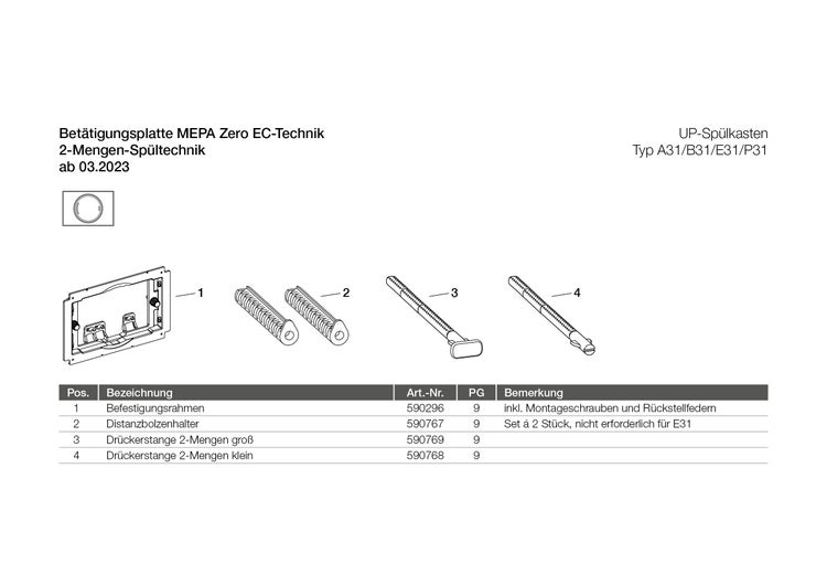 Ersatzteilübersicht für MEPA Zero EC-Technik Betätigungsplatte mit Befestigungsrahmen, Distanzbolzenhalter und Drückerstangen für 2-Mengen-Spültechnik.