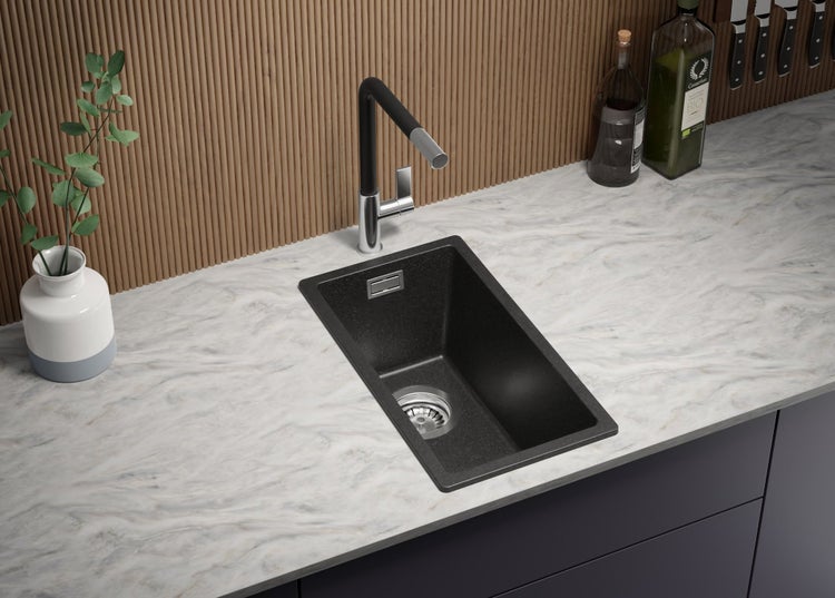 PRIMAGRAN Granitspüle Anthrazit 26x47cm, Spülbecken 1 Becken + Küchenarmatur 40x20cm + Ablauf-Set, Küchenspüle ab 30er Unterschrank - London Slim