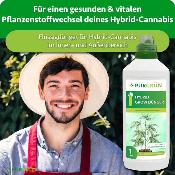 Eine Flasche Purgrün Hybrid Grow Dünger mit Guano und Spurennährstoffen neben einem lächelnden Gärtner mit Sonnenhut.