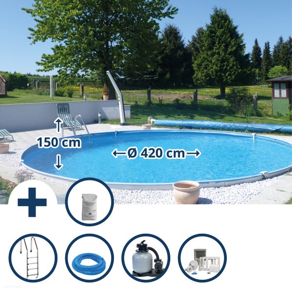 Rundes Swimmingpool Set mit Sandfilteranlage, Poolleiter, Filtersand und Zubehör im Garten, Durchmesser 420 cm, Tiefe 150 cm