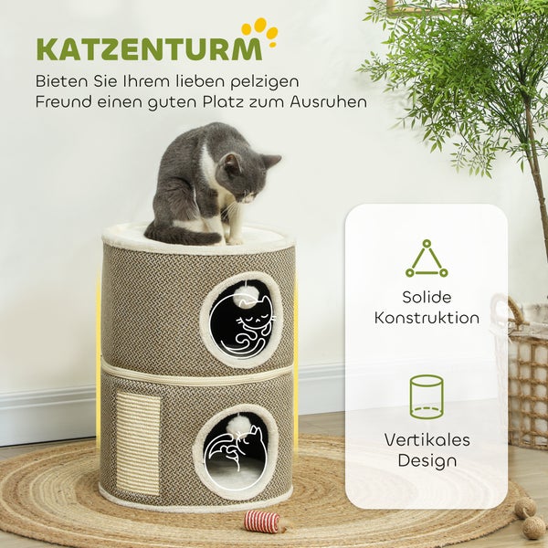 PawHut Kratztonne, 56 cm Hoch Katzentonne mit Höhle, Kratzbaum, Katzenturm aus Sisal, für Katze bis 5 kg, Kaffee