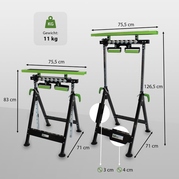 Zwei Rollenböcke mit den Maßen 75,5 cm Breite, 83 cm oder 126,5 cm Höhe und 71 cm Tiefe, Gewicht 11 kg