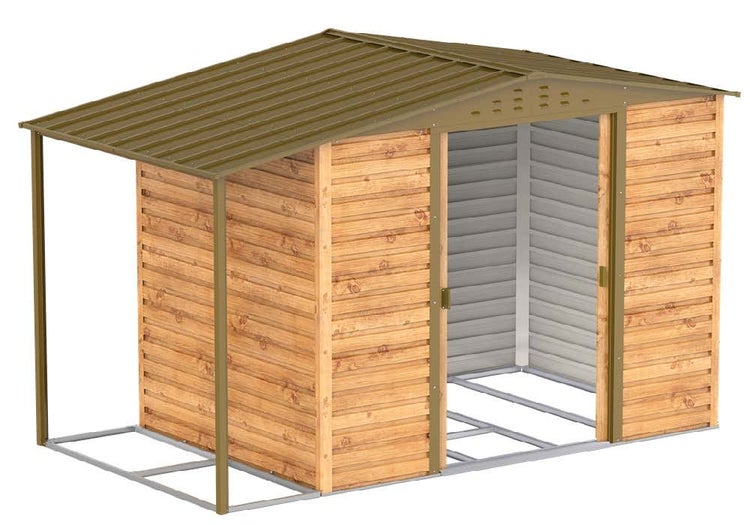 Metallgerätehaus in Holzoptik mit Satteldach, Schiebetür und seitlichem Schleppdach für zusätzlichen Stauraum.